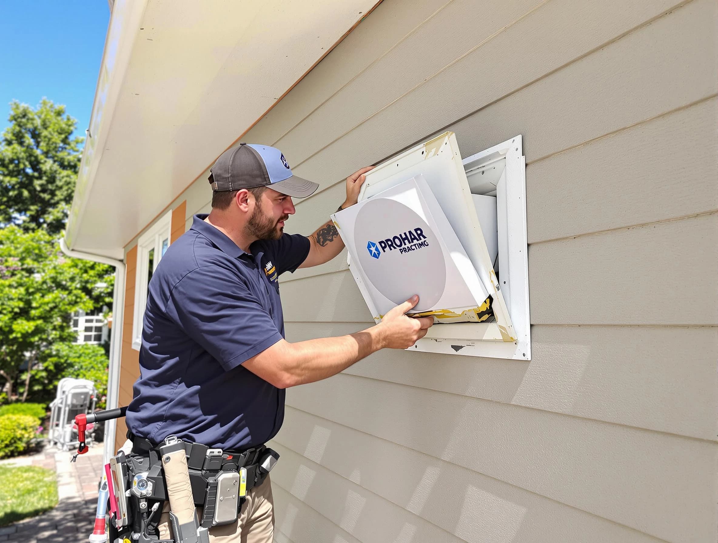 Scott Dryer Vent Cleaning technician installing a new protective dryer vent cover on a home in Scott