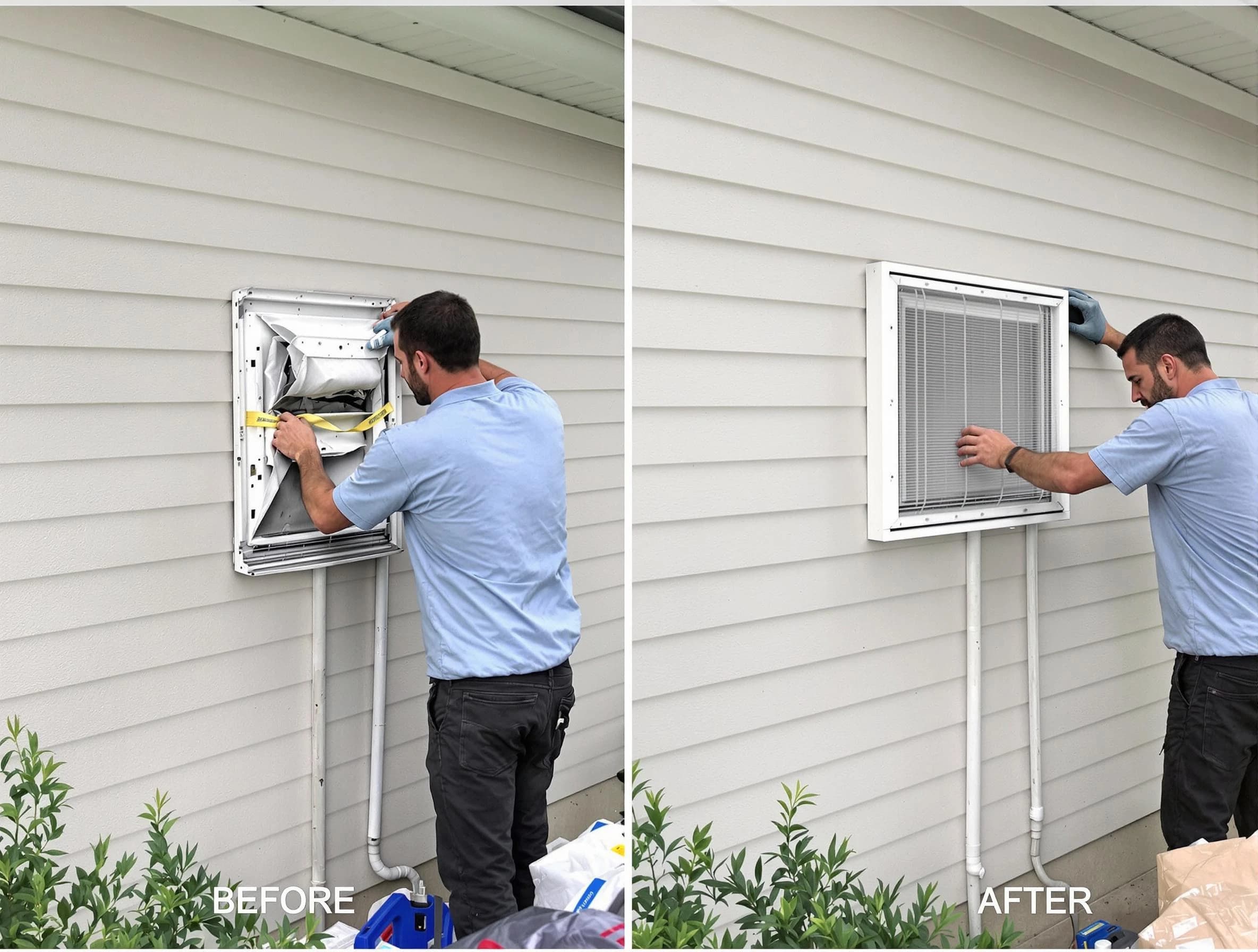 Scott Dryer Vent Cleaning technician installing high-quality dryer vent cover at a residential property in Scott
