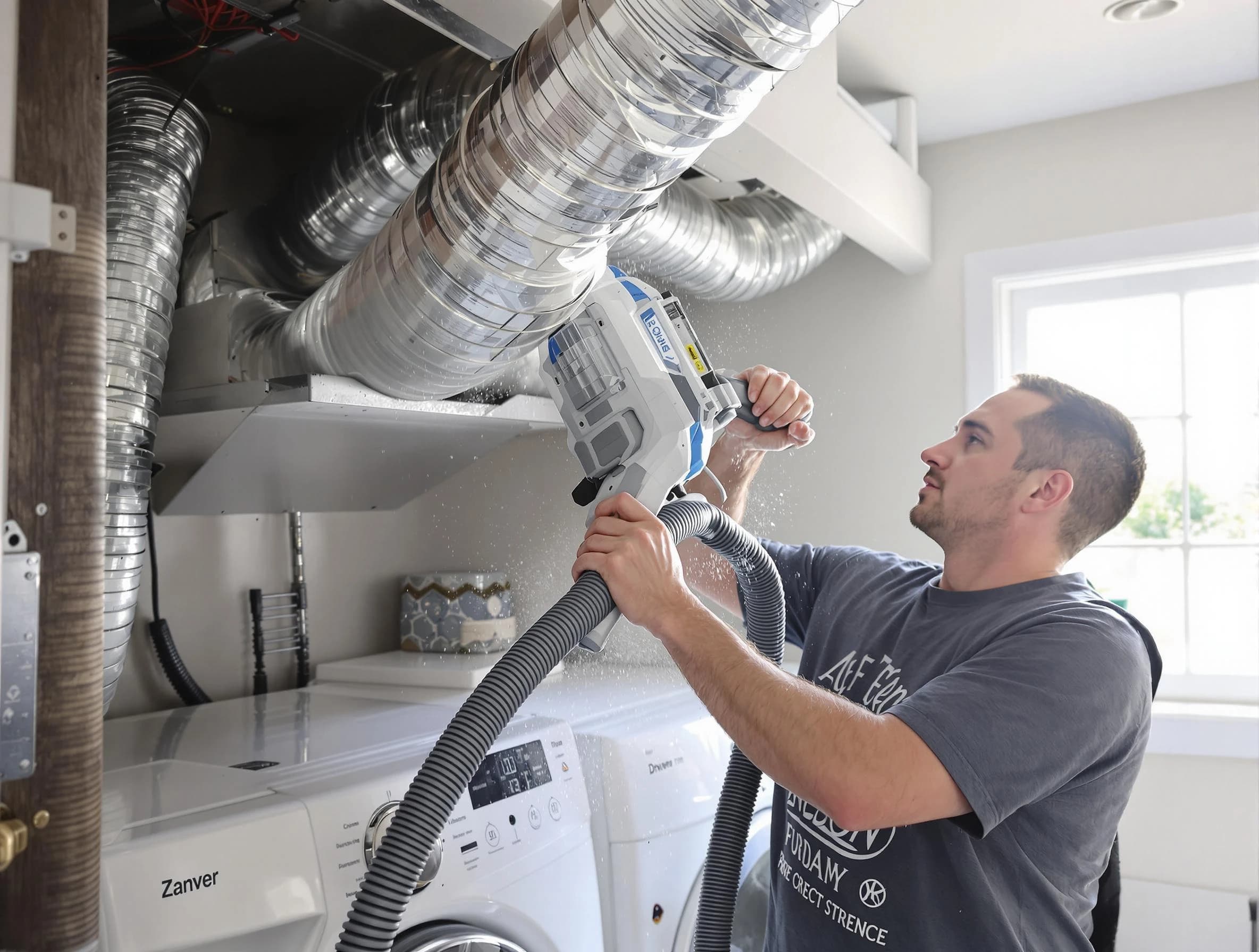Scott Dryer Vent Cleaning specialist cleaning deep within a dryer vent duct system in Scott
