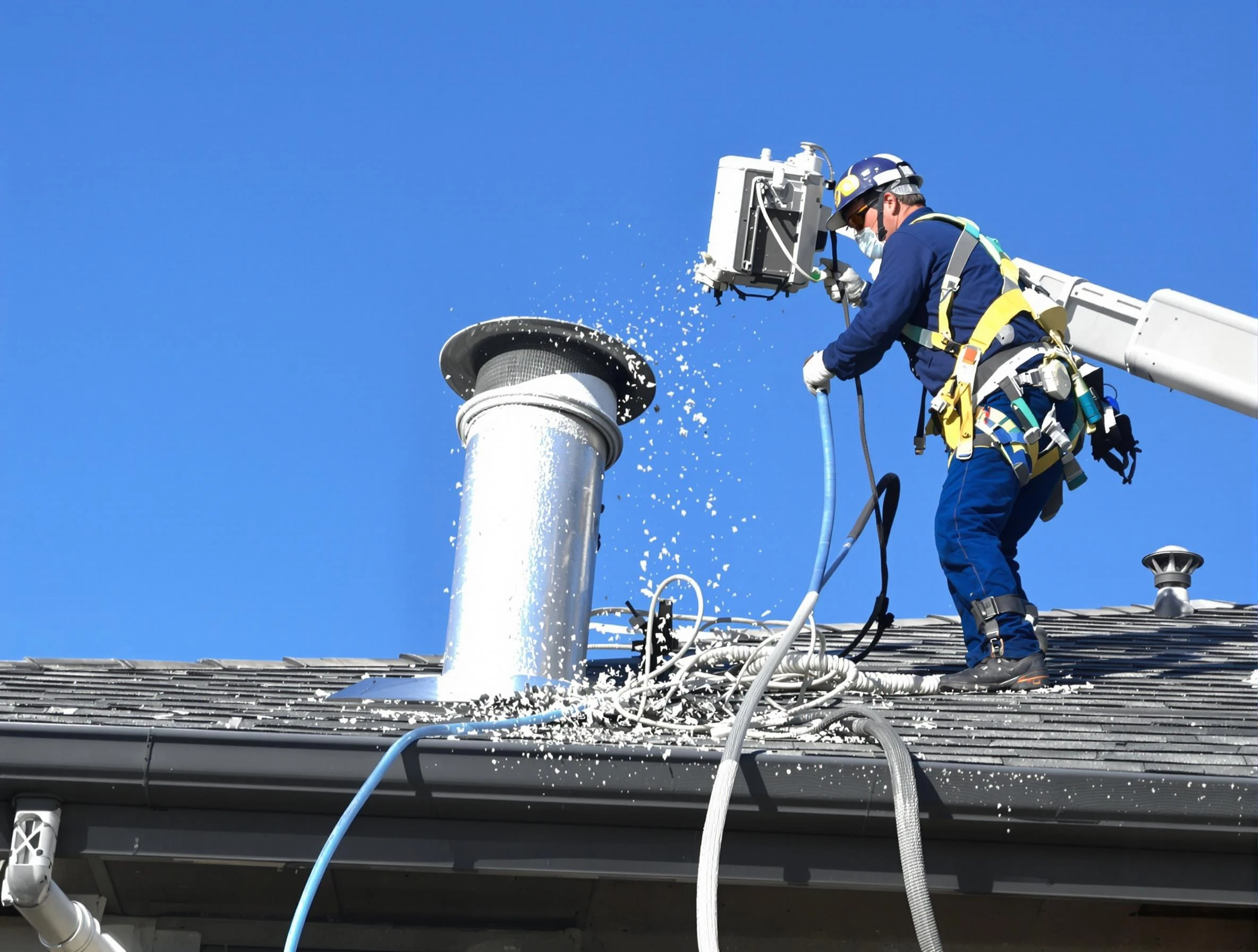 Scott Dryer Vent Cleaning certified technician safely cleaning a roof-mounted dryer vent in Scott